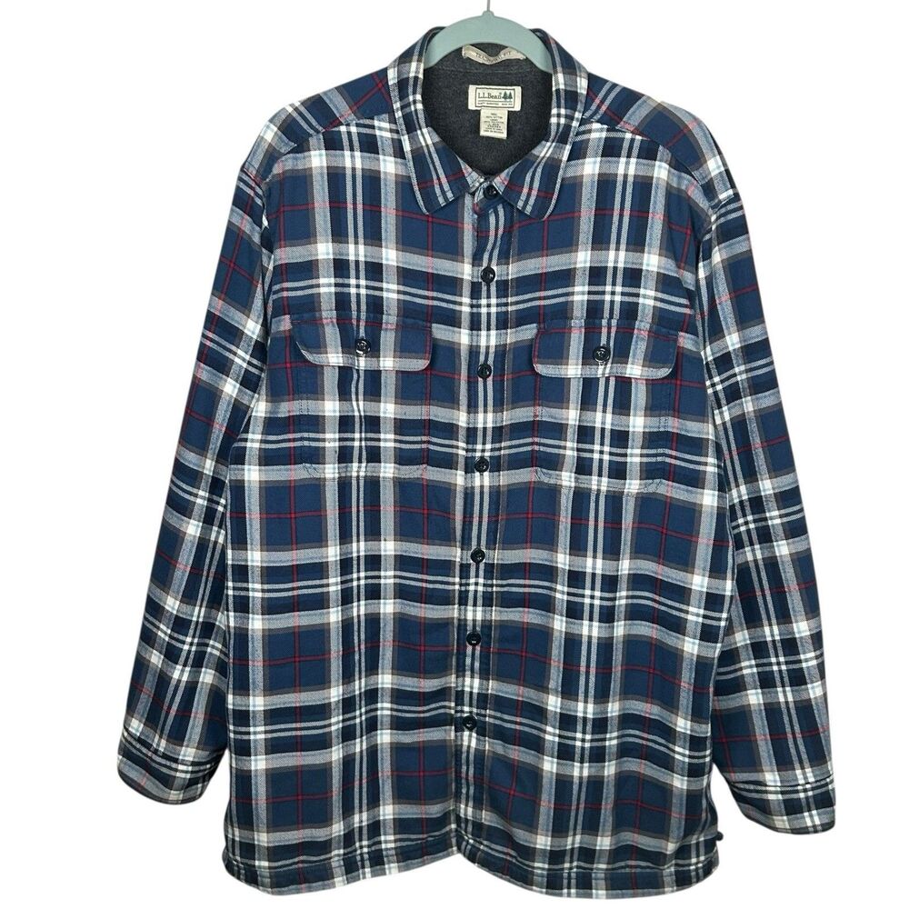 LL Bean Shirt Jacket Mens Large Plaid Flannel Fleece Lined Overshirt Outdoor